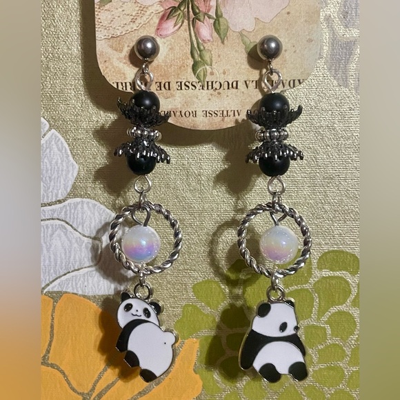 Panda Dangle Earrings with Black Beads - Picture 3 of 7